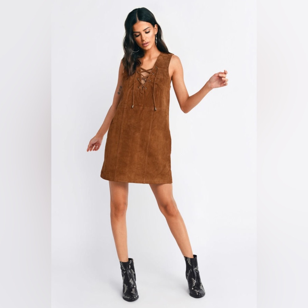 Tobi Lace It Genuine Camel Suede Shift Dress
